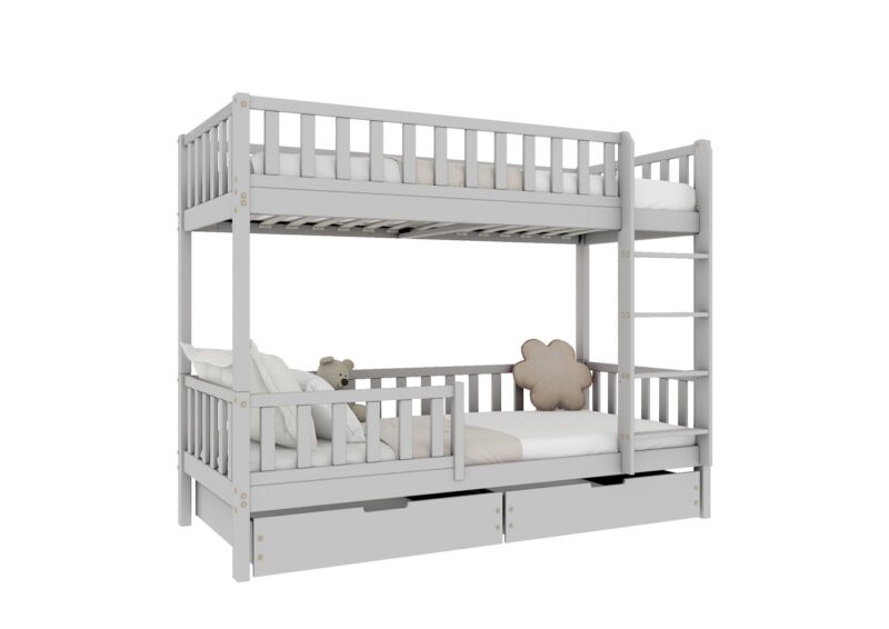 Karo drewniane łóżko piętrowe z barierkami płotek i szufladami na pościel