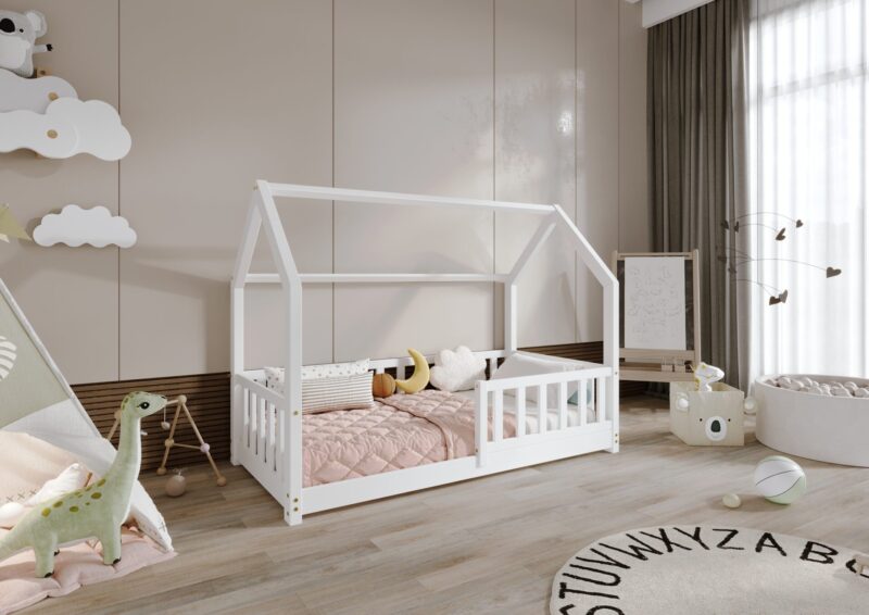 POLLIE drewniane łóżko dziecięce domek z barierką płotek niskie