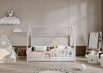 POLLIE drewniane łóżko dziecięce domek z barierką płotek niskie