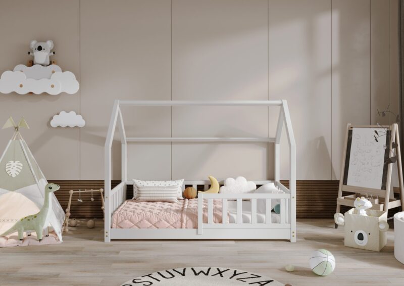 POLLIE drewniane łóżko dziecięce domek z barierką płotek niskie