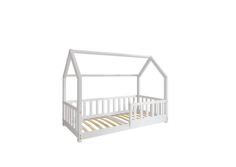 POLLIE drewniane łóżko dziecięce domek z barierką płotek niskie