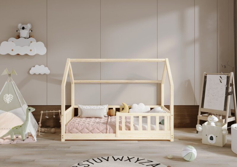 POLLIE drewniane łóżko dziecięce domek z barierką płotek niskie