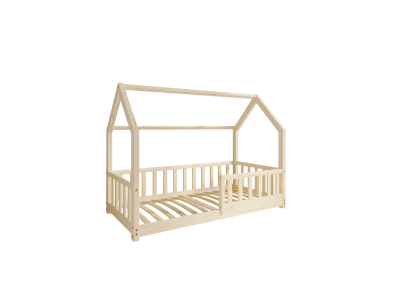 POLLIE drewniane łóżko dziecięce domek z barierką płotek niskie