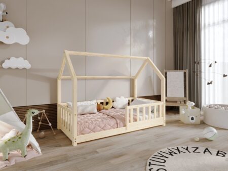 POLLIE drewniane łóżko dziecięce domek z barierką płotek niskie