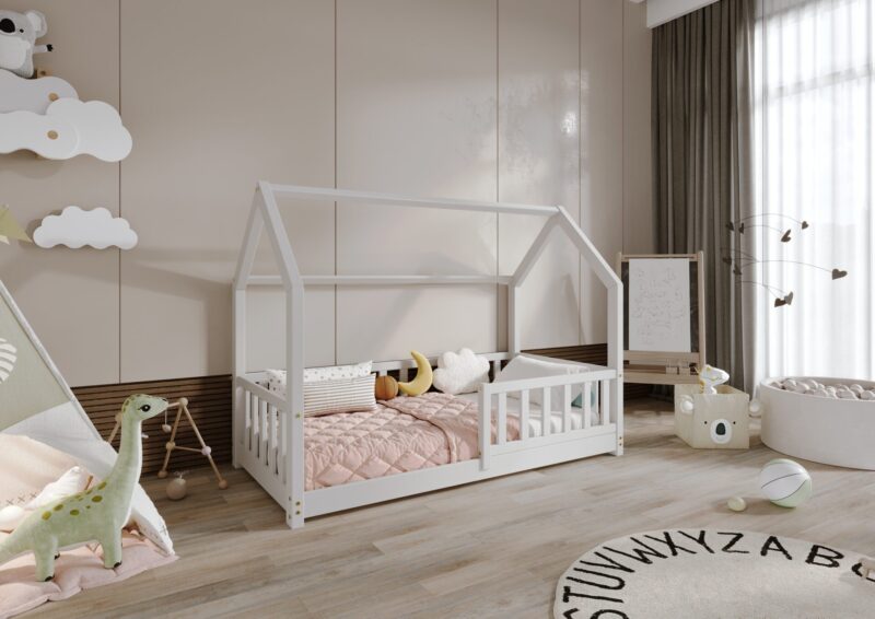 POLLIE drewniane łóżko dziecięce domek z barierką płotek niskie