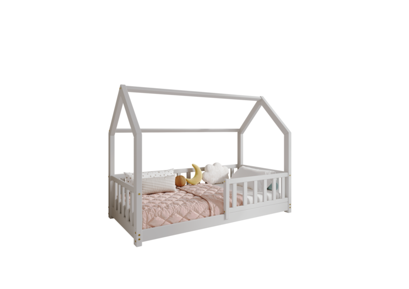 POLLIE drewniane łóżko dziecięce domek z barierką płotek niskie