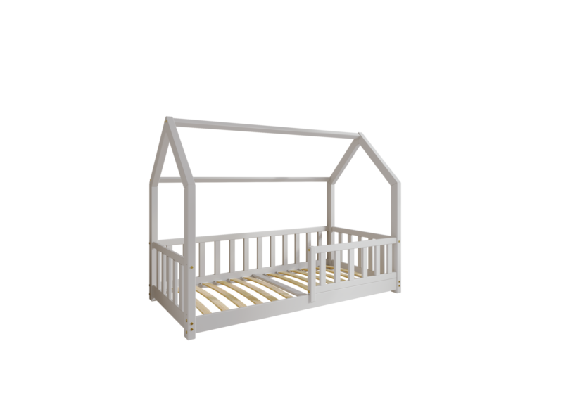 POLLIE drewniane łóżko dziecięce domek z barierką płotek niskie
