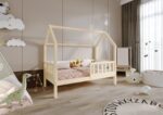 POLLIE drewniane łóżko dziecięce domek z barierką płotek wysokie