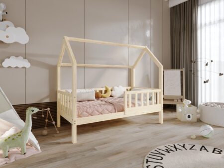 POLLIE drewniane łóżko dziecięce domek z barierką płotek wysokie