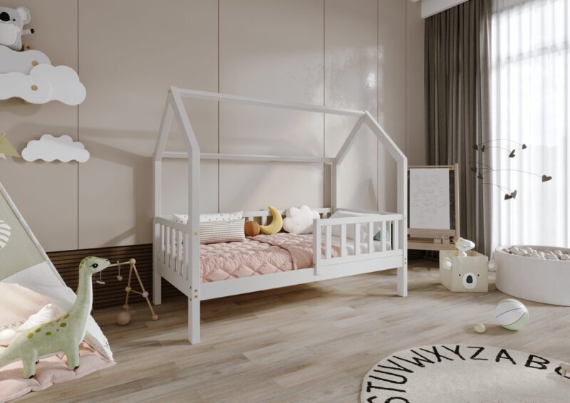 POLLIE drewniane łóżko dziecięce domek z barierką płotek wysokie