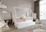 POLLIE drewniane łóżko domek dziecięce z barierką płotek i szufladą z funkcją spania