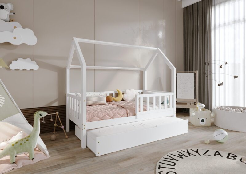 POLLIE drewniane łóżko domek dziecięce z barierką płotek i szufladą z funkcją spania