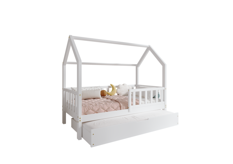 POLLIE drewniane łóżko domek dziecięce z barierką płotek i szufladą z funkcją spania