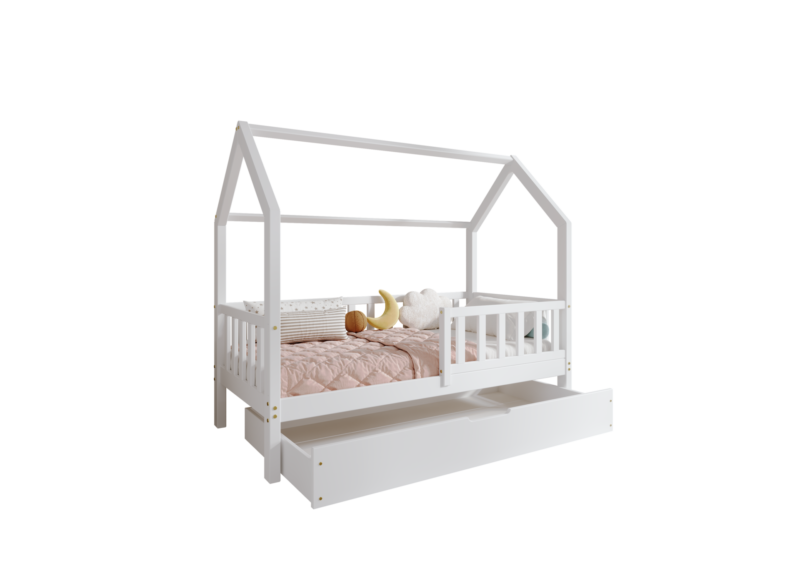 POLLIE drewniane łóżko domek dziecięce z barierką płotek i szufladą na pościel
