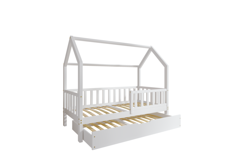 POLLIE drewniane łóżko domek dziecięce z barierką płotek i szufladą z funkcją spania