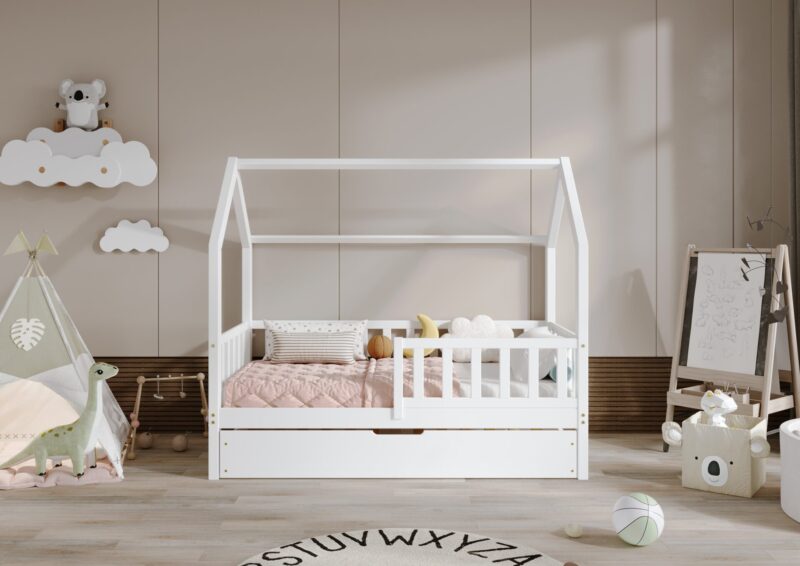 POLLIE drewniane łóżko domek dziecięce z barierką płotek i szufladą na pościel