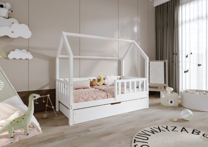 POLLIE drewniane łóżko domek dziecięce z barierką płotek i szufladą na pościel