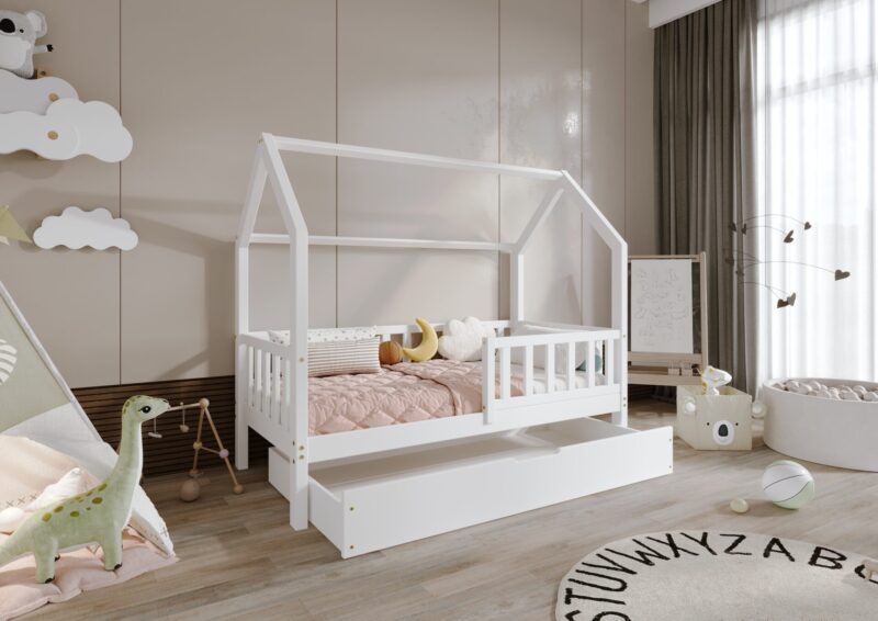 POLLIE drewniane łóżko domek dziecięce z barierką płotek i szufladą na pościel