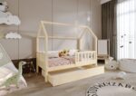 POLLIE drewniane łóżko domek dziecięce z barierką płotek i szufladą na pościel
