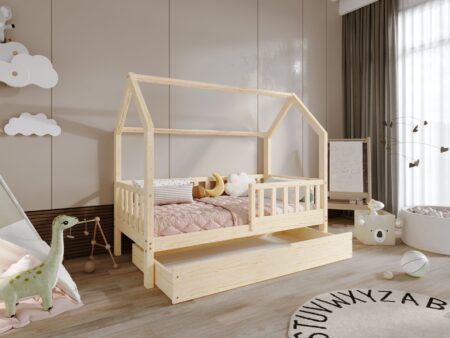 POLLIE drewniane łóżko domek dziecięce z barierką płotek i szufladą na pościel