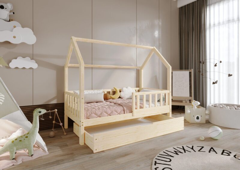 POLLIE drewniane łóżko domek dziecięce z barierką płotek i szufladą na pościel