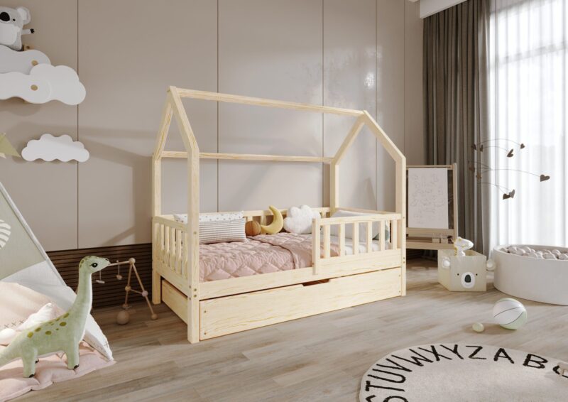 POLLIE drewniane łóżko domek dziecięce z barierką płotek i szufladą na pościel