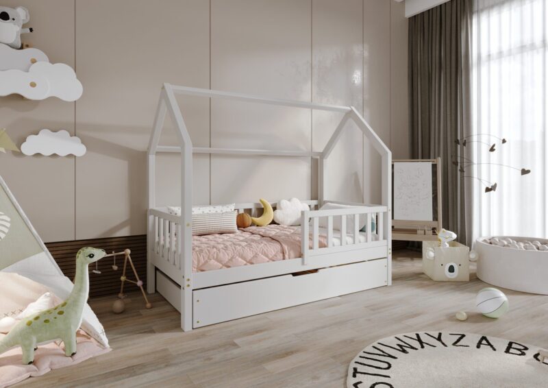 POLLIE drewniane łóżko domek dziecięce z barierką płotek i szufladą na pościel