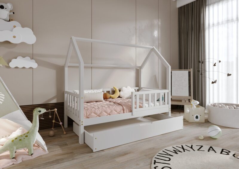 POLLIE drewniane łóżko domek dziecięce z barierką płotek i szufladą na pościel