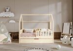 POLLIE drewniane łóżko domek dziecięce z barierką płotek i szufladą z funkcją spania