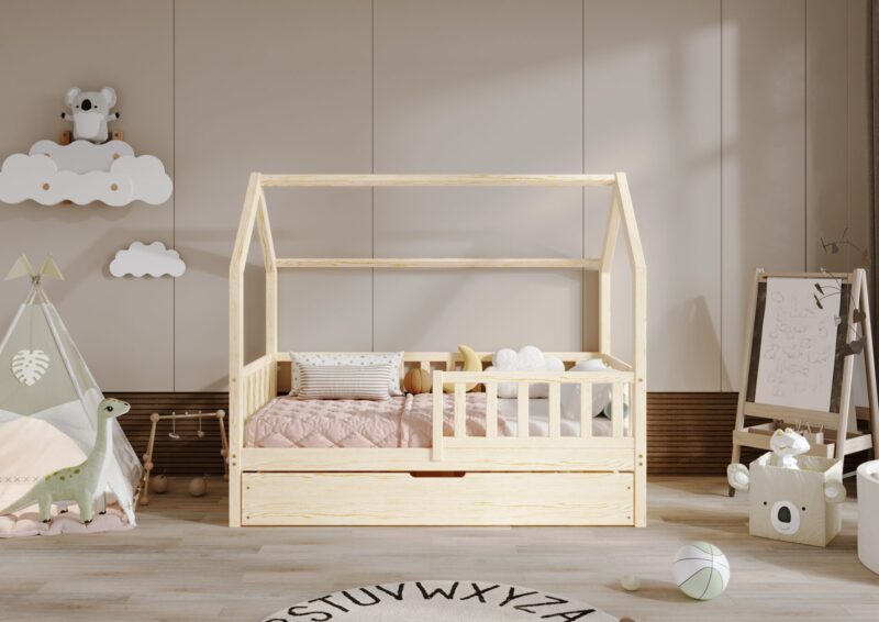 POLLIE drewniane łóżko domek dziecięce z barierką płotek i szufladą z funkcją spania