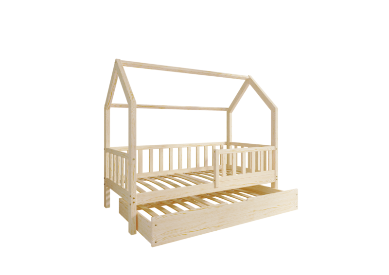 POLLIE drewniane łóżko domek dziecięce z barierką płotek i szufladą z funkcją spania