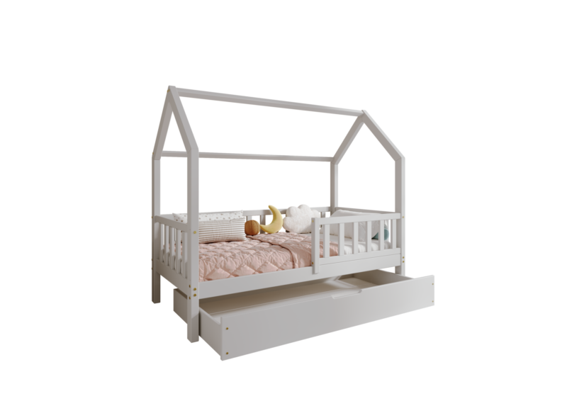 POLLIE drewniane łóżko domek dziecięce z barierką płotek i szufladą na pościel
