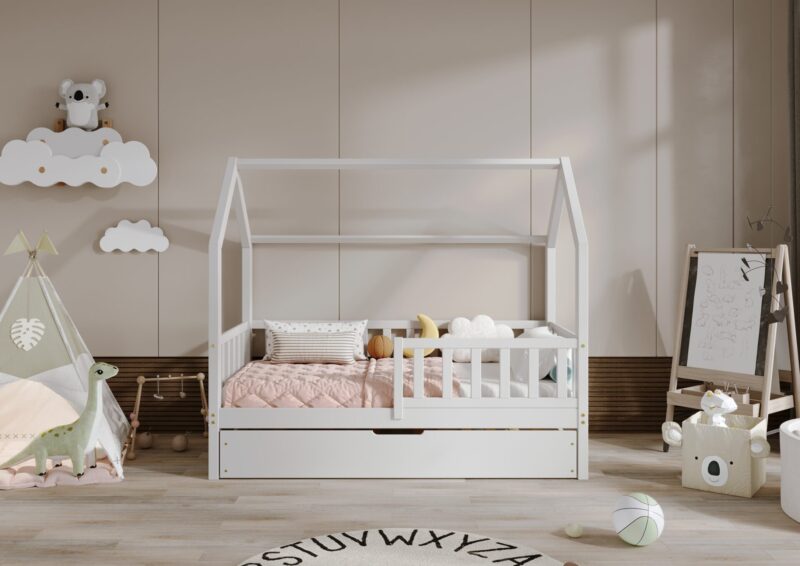 POLLIE drewniane łóżko domek dziecięce z barierką płotek i szufladą na pościel