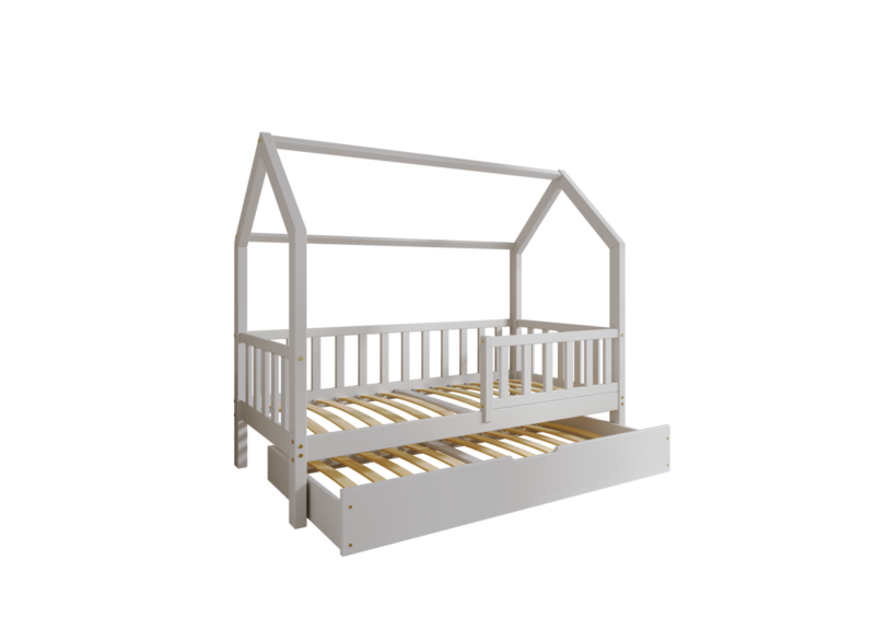 POLLIE drewniane łóżko domek dziecięce z barierką płotek i szufladą z funkcją spania