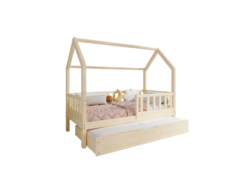 POLLIE drewniane łóżko domek dziecięce z barierką płotek i szufladą z funkcją spania