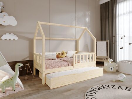 POLLIE drewniane łóżko domek dziecięce z barierką płotek i szufladą z funkcją spania
