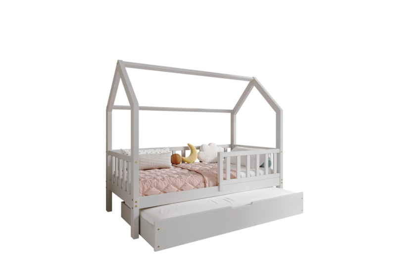 POLLIE drewniane łóżko domek dziecięce z barierką płotek i szufladą z funkcją spania