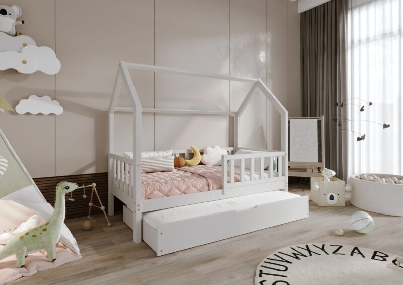 POLLIE drewniane łóżko domek dziecięce z barierką płotek i szufladą z funkcją spania