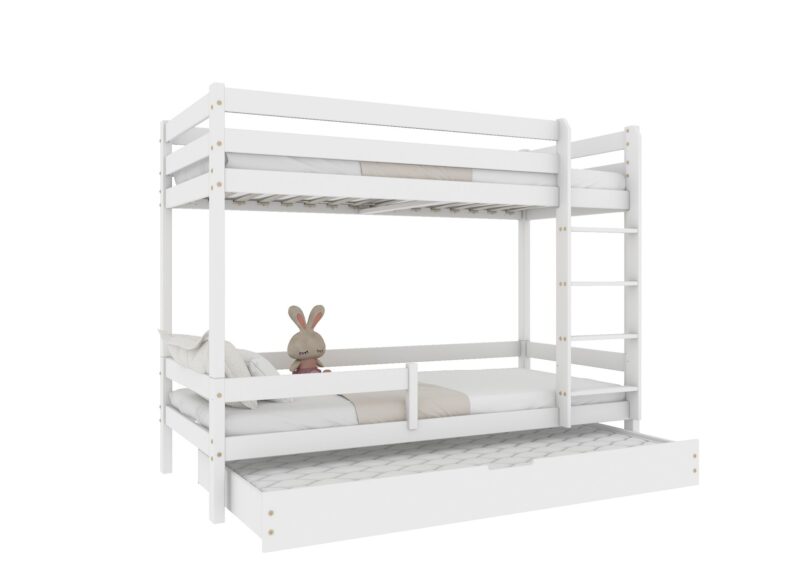 EDDIE drewniane łóżko piętrowe z poziomymi barierkami i szufladą z funkcją spania