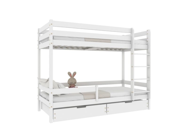 EDDIE drewniane łóżko piętrowe z poziomymi barierkami i szufladami na pościel