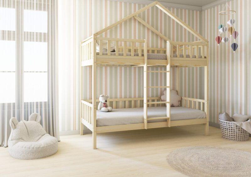 DORMIO PIĘTROWE drewniane łóżko piętrowe z barierkami płotek na wysokich nogach