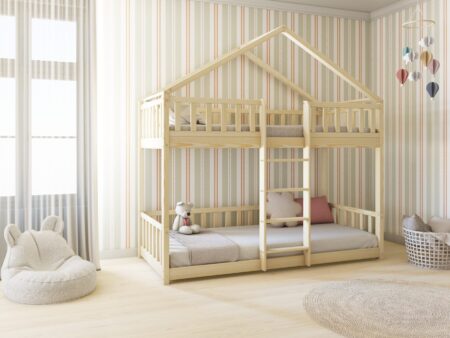 DORMIO PIĘTROWE drewniane łóżko piętrowe z barierkami płotek na niskich nogach