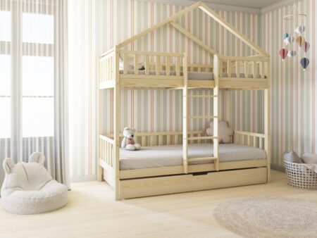 DORMIO DUO PIĘTROWE drewniane łóżko piętrowe z barierkami płotek i szufladą z funkcją spania