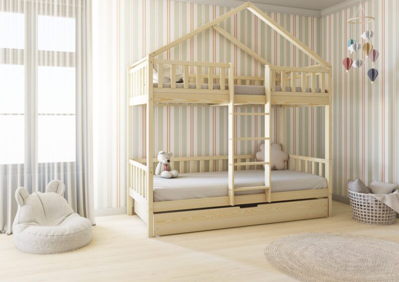 DORMIO DUO PIĘTROWE drewniane łóżko piętrowe z barierkami płotek i szufladą z funkcją spania