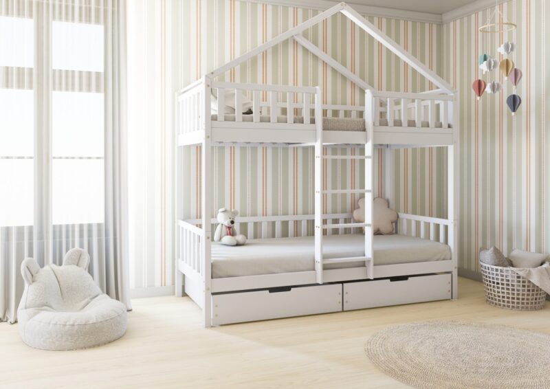 DORMIO BOX PIĘTROWE drewniane łóżko piętrowe z barierkami płotek i szufladami na pościel