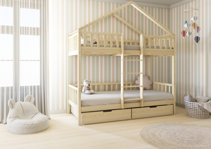 DORMIO BOX PIĘTROWE drewniane łóżko piętrowe z barierkami płotek i szufladami na pościel