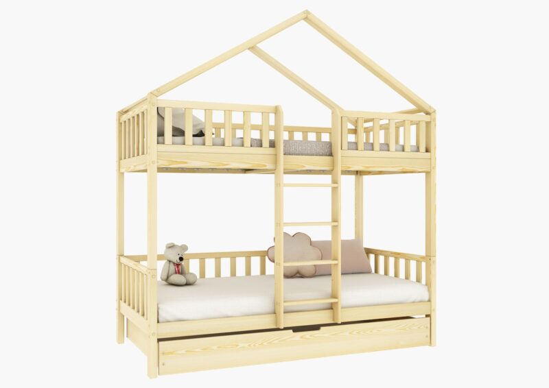 DORMIO DUO PIĘTROWE drewniane łóżko piętrowe z barierkami płotek i szufladą z funkcją spania