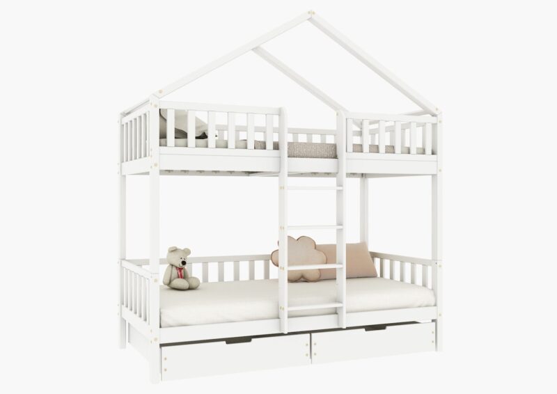 DORMIO BOX PIĘTROWE drewniane łóżko piętrowe z barierkami płotek i szufladami na pościel