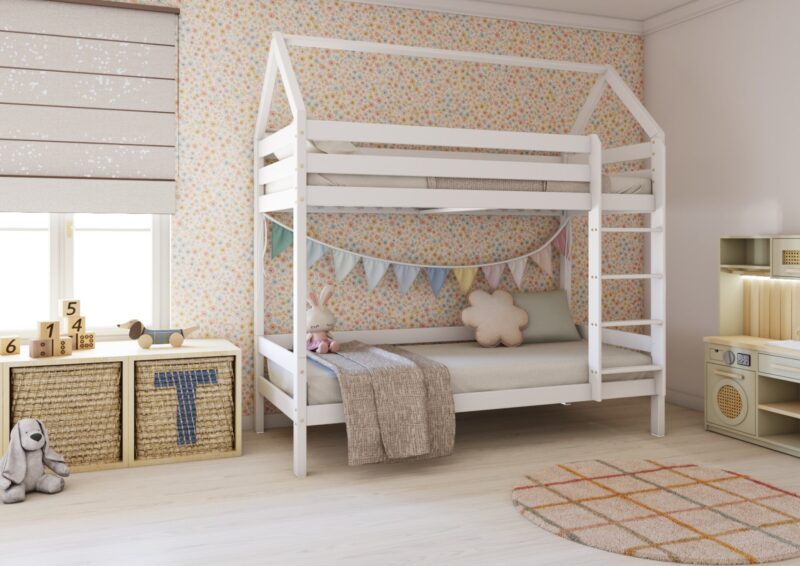 FLORENCE PIĘTROWA drewniane łóżko piętrowe domek z prostymi barierkami na wysokich nogach