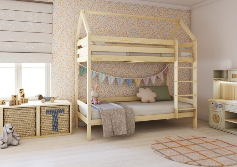 FLORENCE PIĘTROWA drewniane łóżko piętrowe domek z prostymi barierkami na wysokich nogach